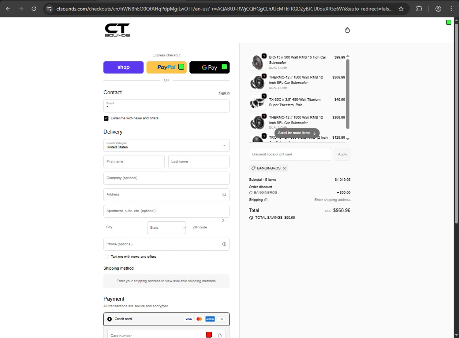 CT Sounds checkout page showing CT Sounds discount code box | Screenshot taken by SimplyCodes community member on Feb 12, 2026