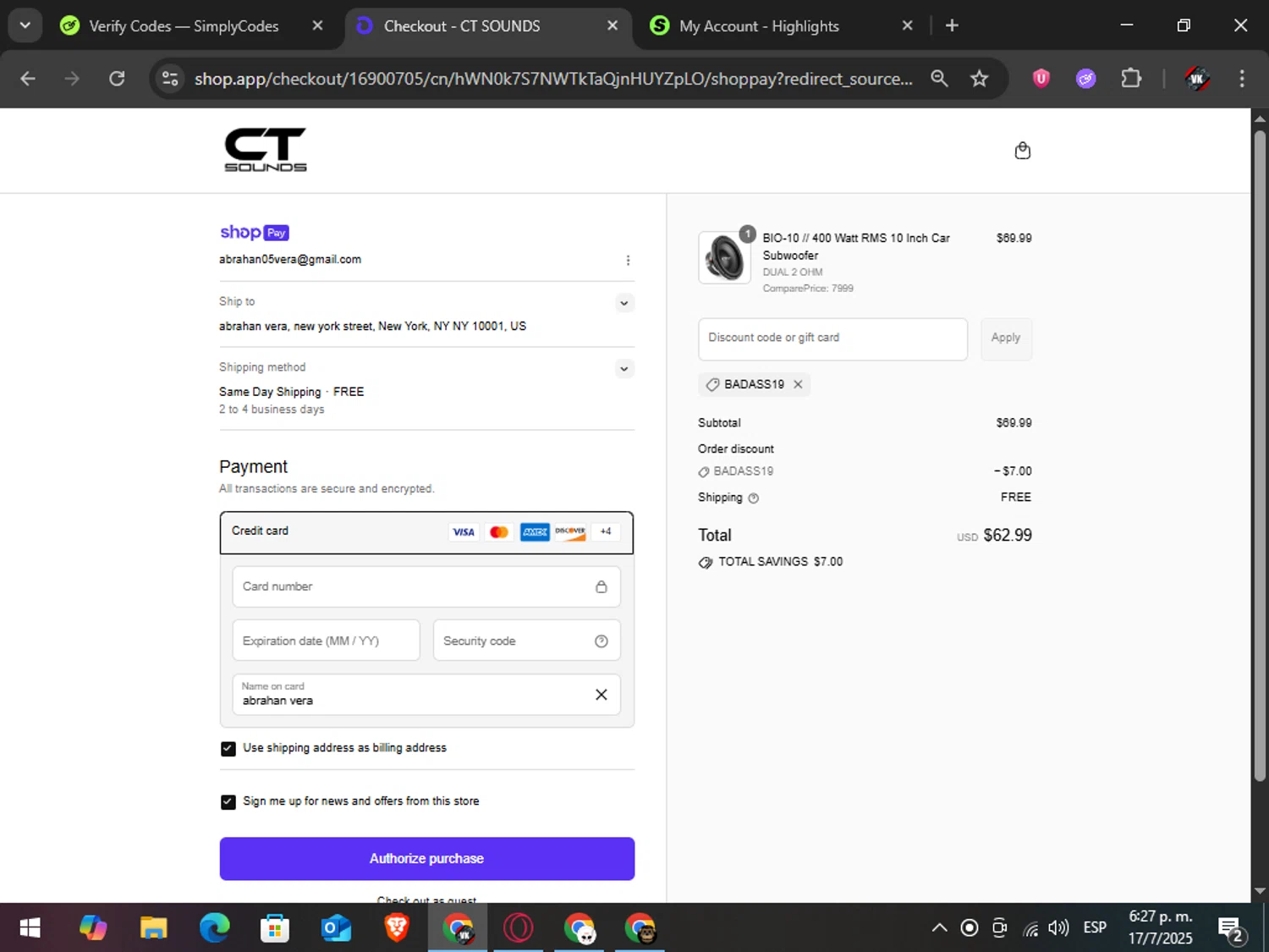 CT Sounds discount code screenshot showing code BADASS19 applied at CT Sounds checkout page. Uploaded by SimplyCodes community member TreasureAdmiral6867 on Jul 17, 2025