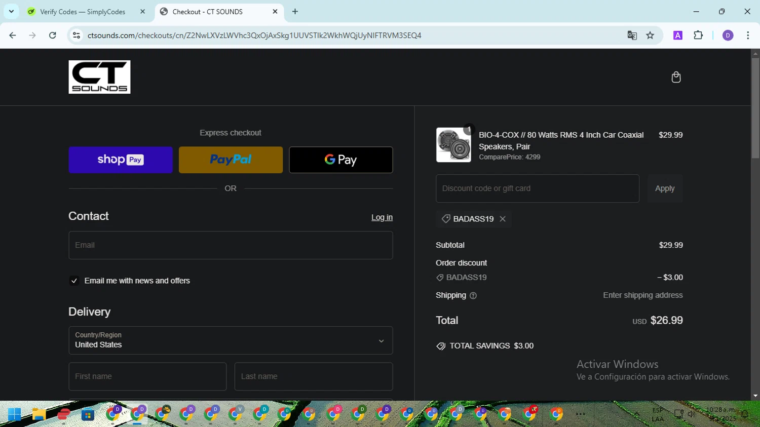 CT Sounds discount code screenshot showing code BADASS19 applied at CT Sounds checkout page. Uploaded by SimplyCodes community member EpicSpotter8045 on Jan 9, 2025