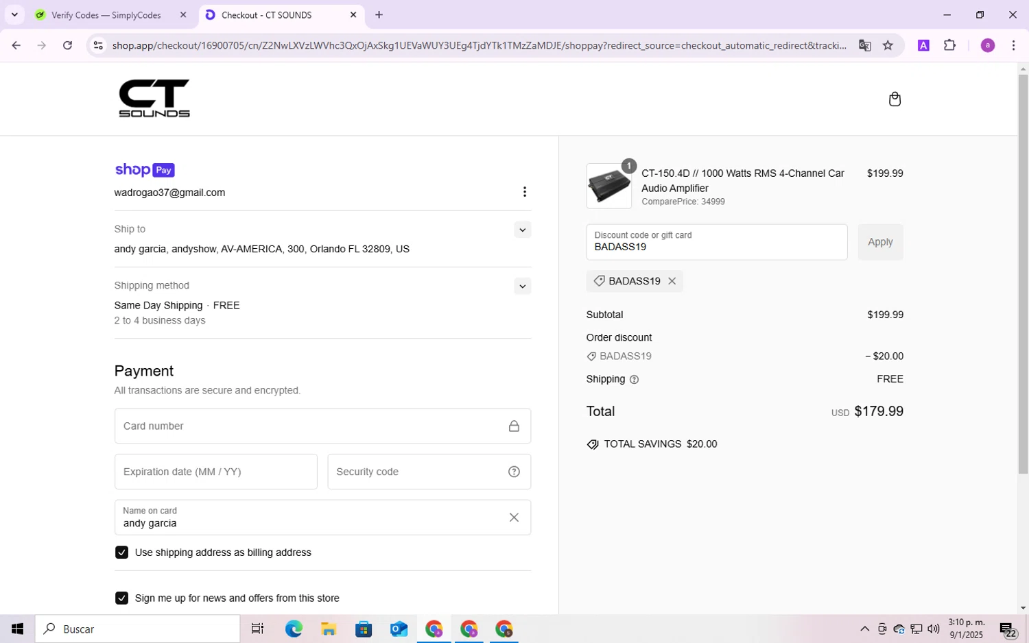 CT Sounds discount code screenshot showing code BADASS19 applied at CT Sounds checkout page. Uploaded by SimplyCodes community member CodeMaverick246 on Jan 9, 2025