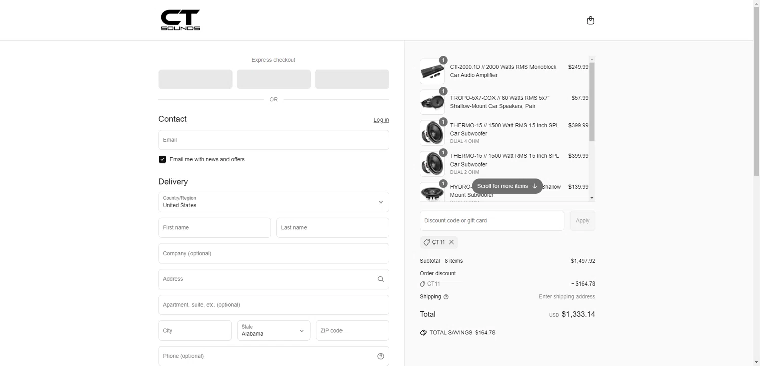 CT Sounds discount code screenshot showing code ct11 applied at CT Sounds checkout page. Uploaded by SimplyCodes community member PennyRanger8219 on May 23, 2025