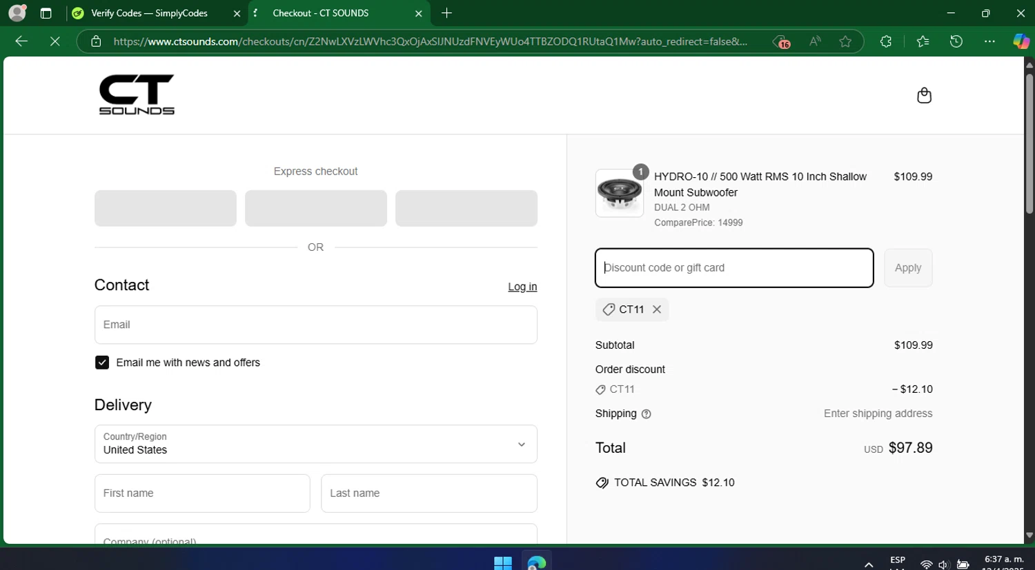 CT Sounds discount code screenshot showing code ct11 applied at CT Sounds checkout page. Uploaded by SimplyCodes community member chepipro on Apr 12, 2025