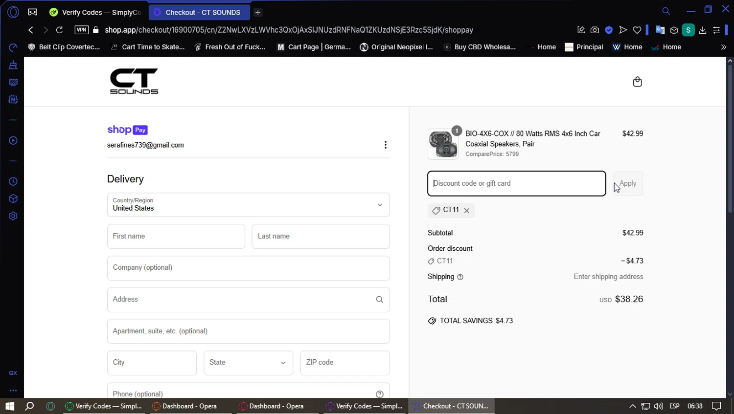 CT Sounds discount code screenshot showing code ct11 applied at CT Sounds checkout page. Uploaded by SimplyCodes community member PennyFox1280 on Apr 12, 2025