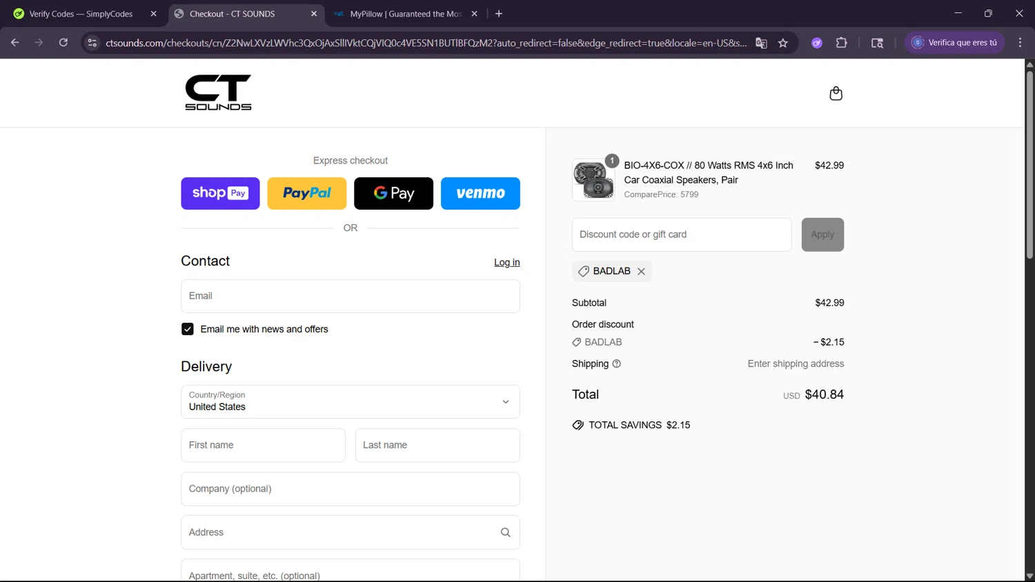 CT Sounds discount code screenshot showing code BADLAB applied at CT Sounds checkout page. Uploaded by SimplyCodes community member ExtraordinaryWhiz4519 on Jun 24, 2025
