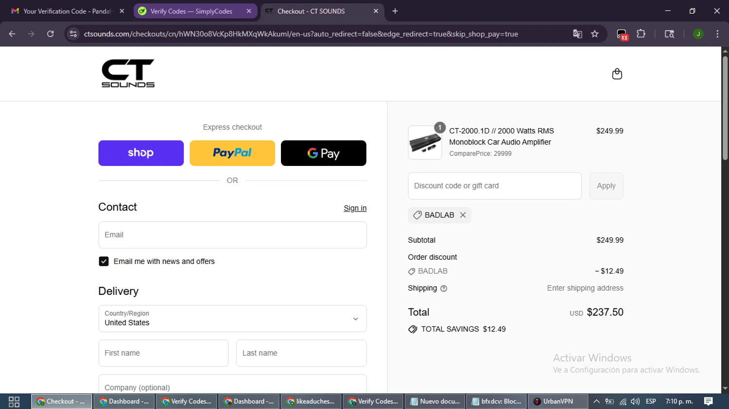 CT Sounds discount code screenshot showing code BADLAB applied at CT Sounds checkout page. Uploaded by SimplyCodes community member SmartLion6646 on Sep 15, 2025