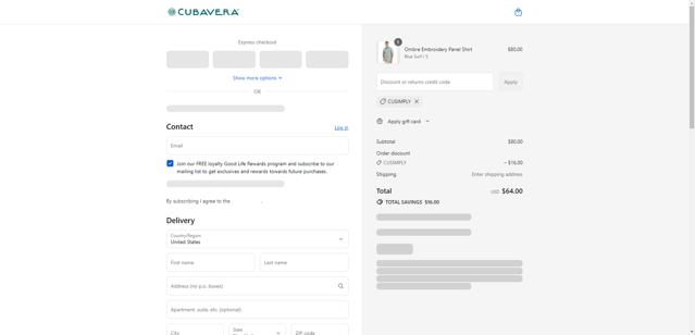 Cubavera checkout page showing Cubavera discount code box | Screenshot taken by SimplyCodes community member on Sep 4, 2025