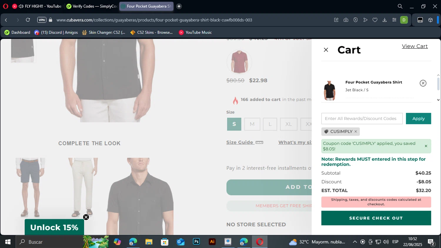 Cubavera discount code screenshot showing code CUSIMPLY applied at Cubavera checkout page. Uploaded by SimplyCodes community member PedriPingo on Jun 22, 2025