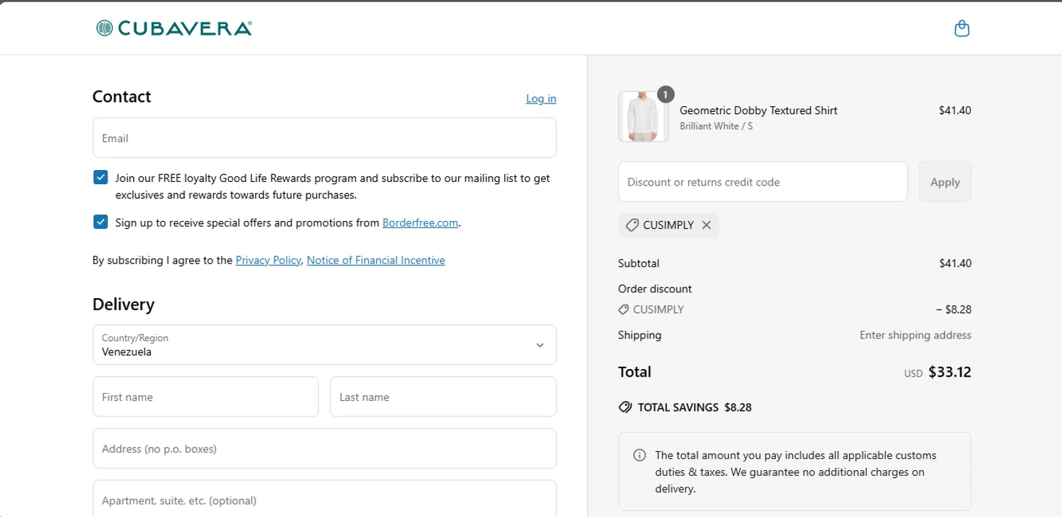 Cubavera discount code screenshot showing code CUSIMPLY applied at Cubavera checkout page. Uploaded by SimplyCodes community member carloschirino on Jun 9, 2025