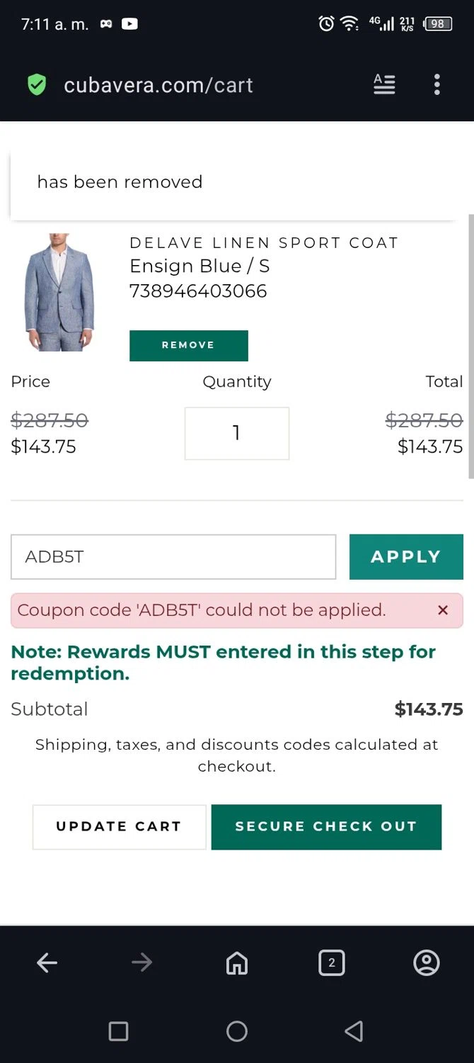 Cubavera discount code screenshot showing code ADB5T applied at Cubavera checkout page. Uploaded by SimplyCodes community member billgates0997923425561 on May 15, 2025