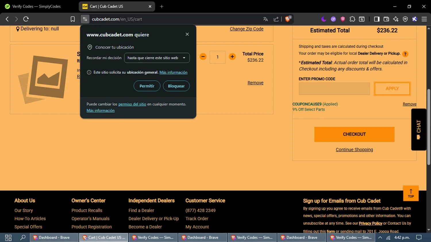 Cub Cadet promo code screenshot showing code COUPONCAUSE9 applied at Cub Cadet checkout page. Uploaded by SimplyCodes community member FrugalAce2492 on Dec 29, 2025