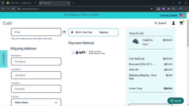 Cubii checkout page showing Cubii promo code box | Screenshot taken by SimplyCodes community member on Aug 6, 2024