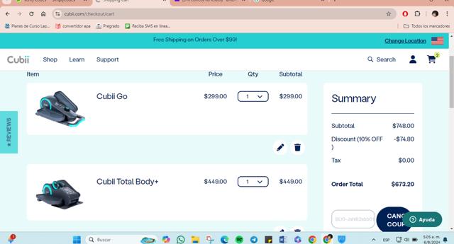 Cubii checkout page showing Cubii promo code box | Screenshot taken by SimplyCodes community member on Aug 6, 2024