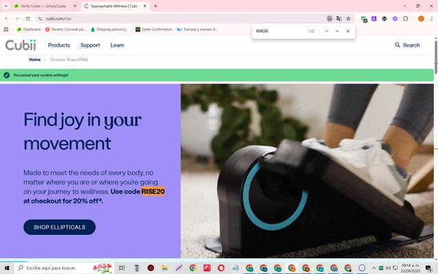 Cubii checkout page showing Cubii promo code box | Screenshot taken by SimplyCodes community member on Aug 22, 2025