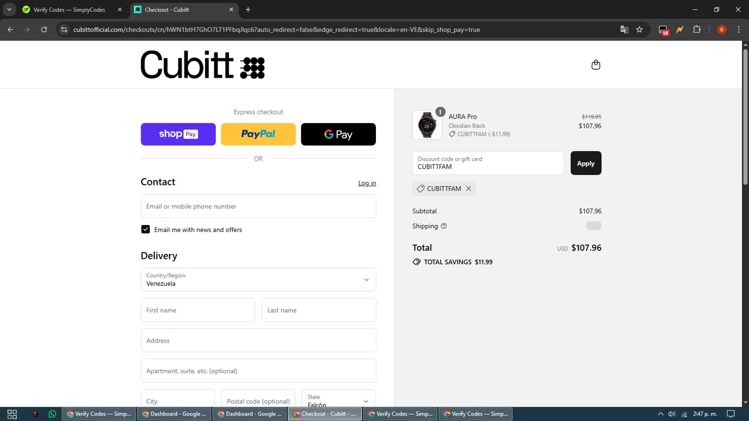Cubitt coupon code screenshot showing code CUBITTFAM applied at Cubitt checkout page. Uploaded by SimplyCodes community member BrilliantLynx7174 on Aug 9, 2025