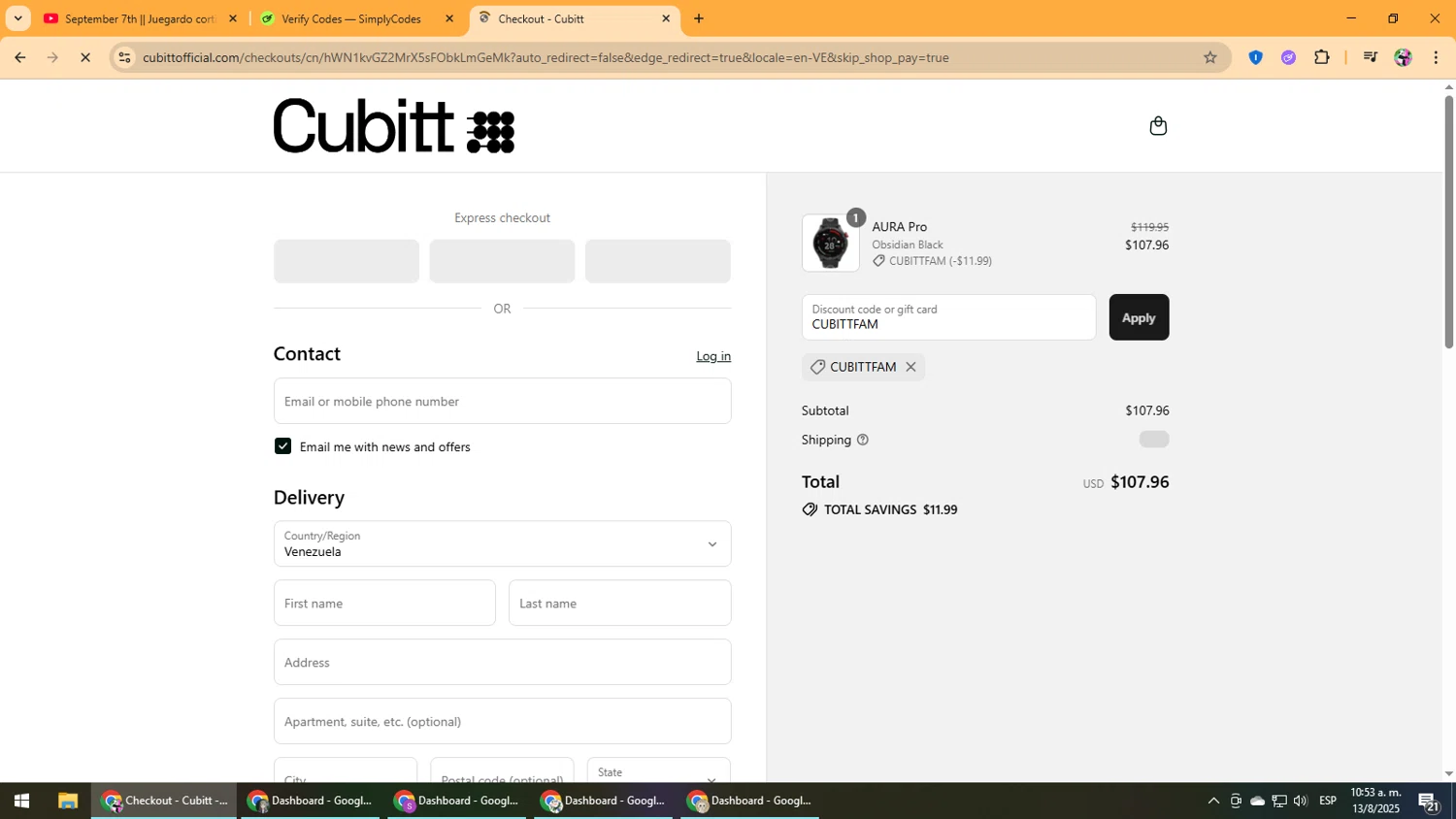 Cubitt coupon code screenshot showing code CUBITTFAM applied at Cubitt checkout page. Uploaded by SimplyCodes community member Vanmanuel on Aug 13, 2025