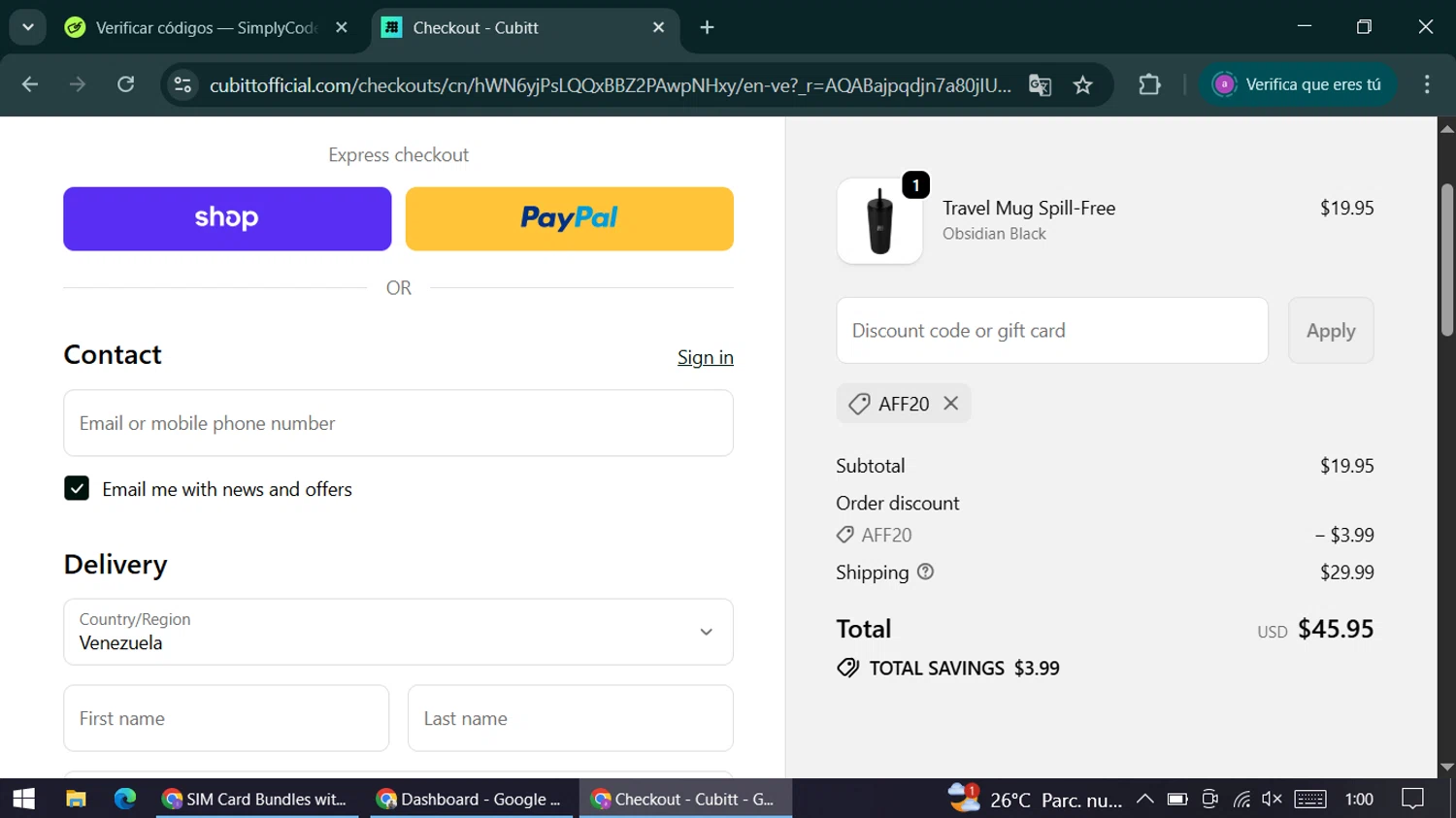 Cubitt coupon code screenshot showing code AFF20 applied at Cubitt checkout page. Uploaded by SimplyCodes community member alexandracarolina on Dec 29, 2025