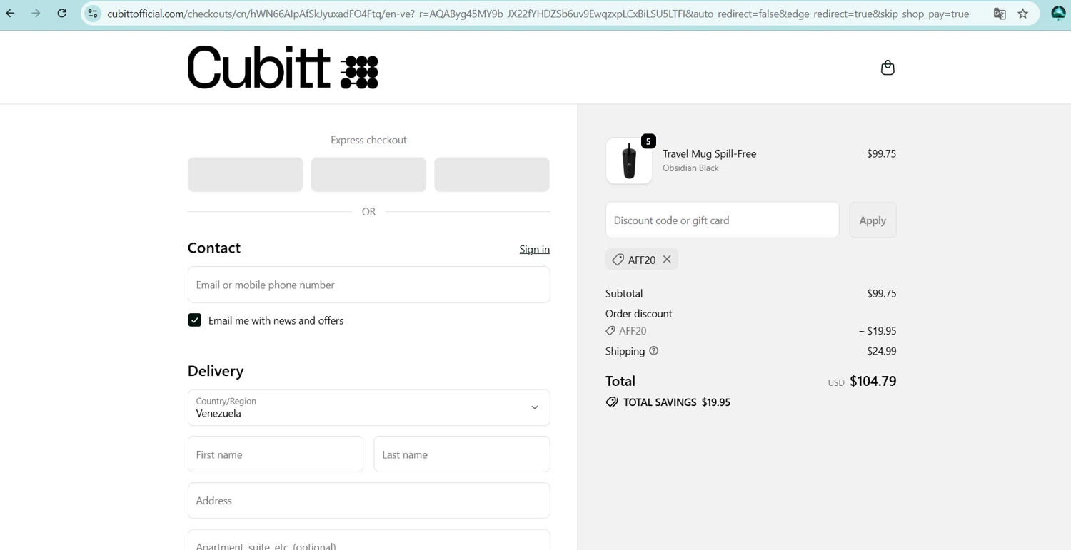 Cubitt coupon code screenshot showing code AFF20 applied at Cubitt checkout page. Uploaded by SimplyCodes community member ingri85 on Dec 6, 2025
