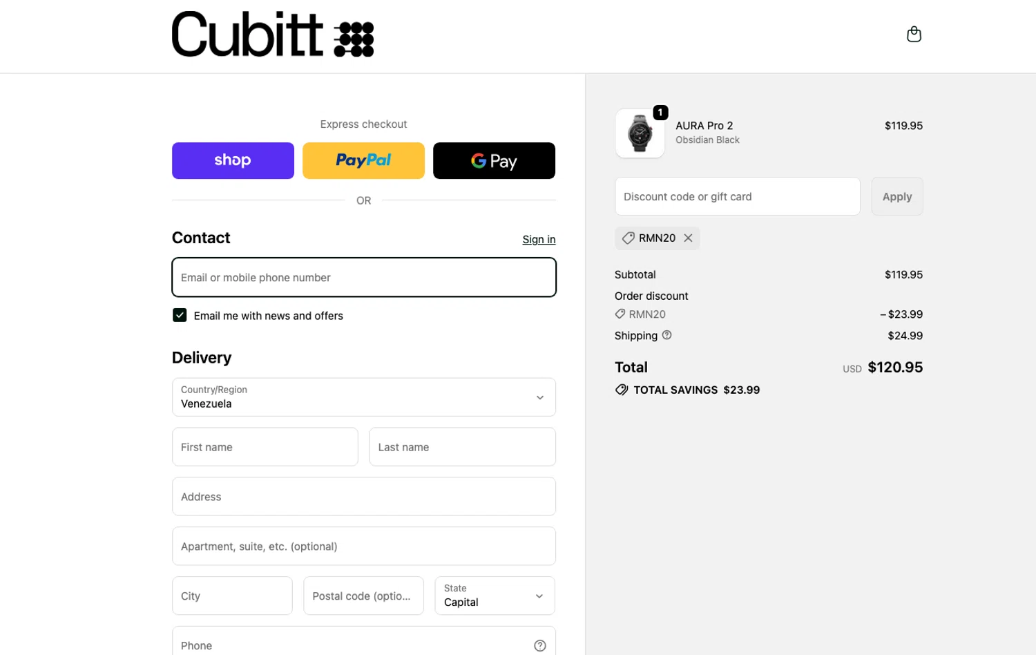 Cubitt coupon code screenshot showing code RMN20 applied at Cubitt checkout page. Uploaded by SimplyCodes community member ELOIN777 on Dec 29, 2025
