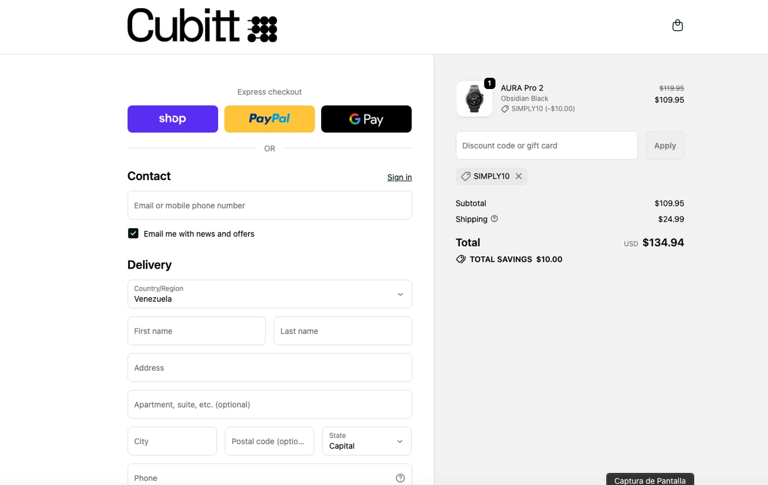 Cubitt coupon code screenshot showing code SIMPLY10 applied at Cubitt checkout page. Uploaded by SimplyCodes community member ELOIN777 on Dec 29, 2025