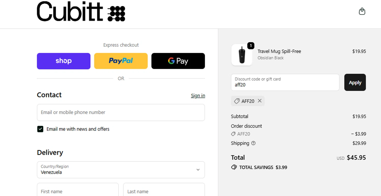 Cubitt coupon code screenshot showing code AFF20 applied at Cubitt checkout page. Uploaded by SimplyCodes community member ashe1986 on Dec 4, 2025