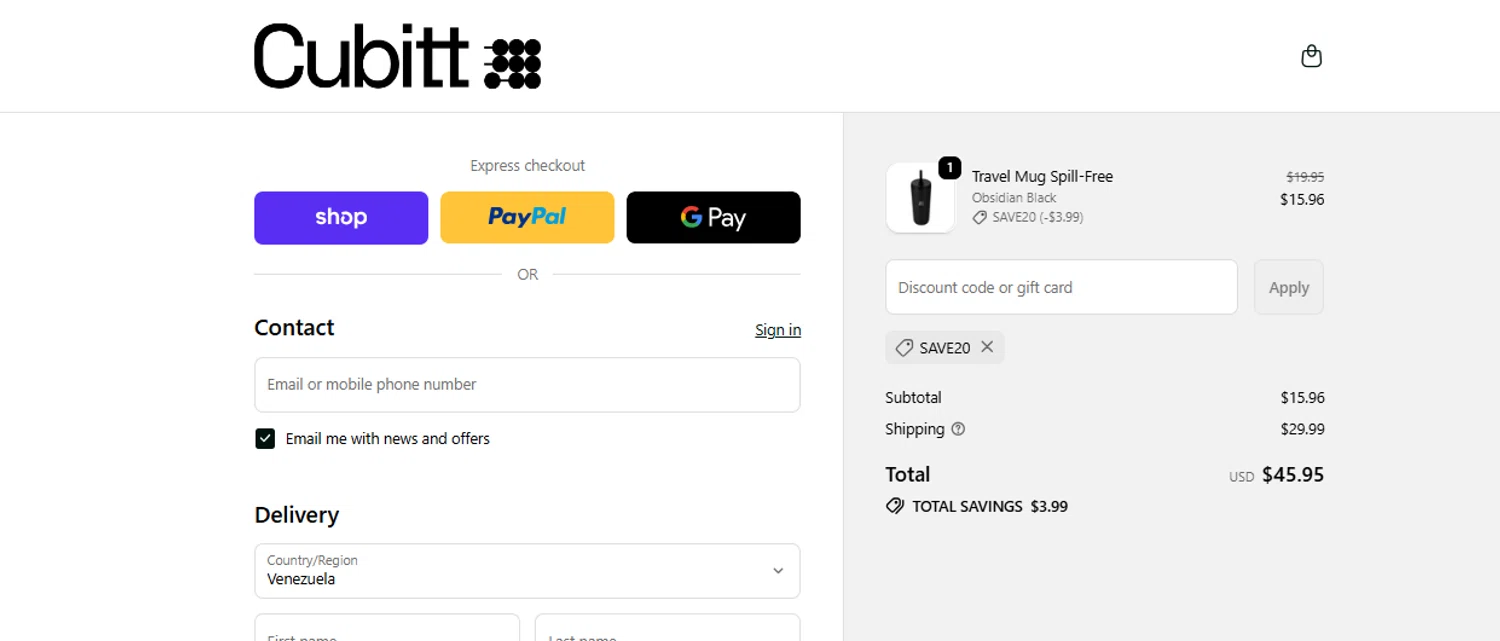 Cubitt coupon code screenshot showing code SAVE20 applied at Cubitt checkout page. Uploaded by SimplyCodes community member ashe1986 on Dec 4, 2025