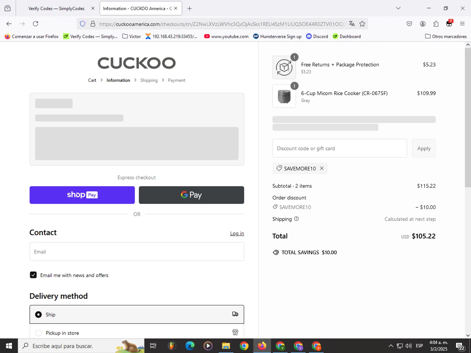 CUCKOO America promo code screenshot showing code SAVEMORE10 applied at CUCKOO America checkout page. Uploaded by SimplyCodes community member Garou_Y2K on Feb 3, 2025