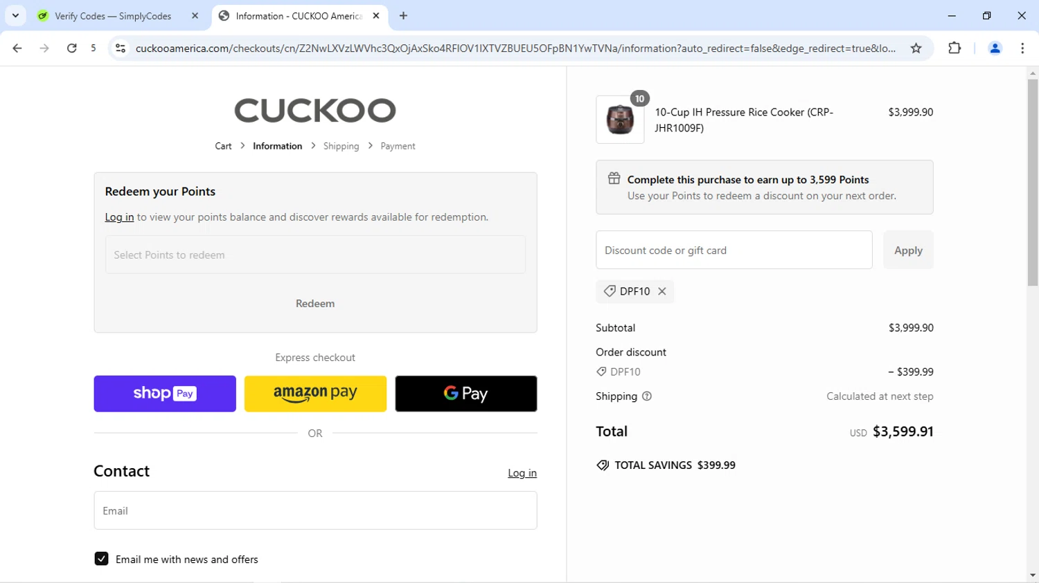 CUCKOO America promo code screenshot showing code DPF10 applied at CUCKOO America checkout page. Uploaded by SimplyCodes community member Livingston on Jan 23, 2025