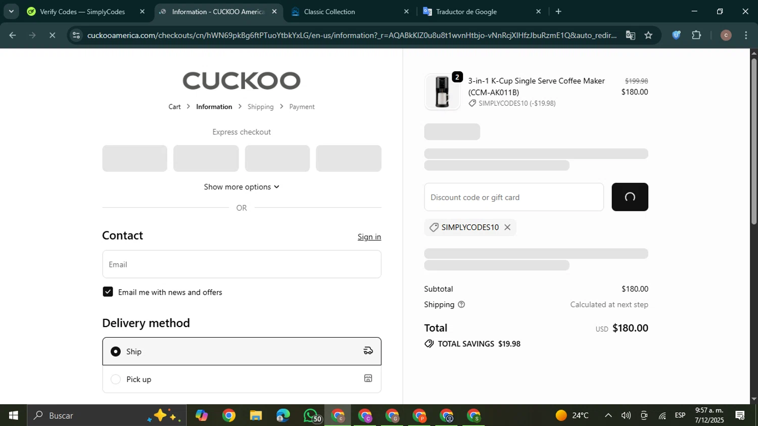 CUCKOO America promo code screenshot showing code SIMPLYCODES10 applied at CUCKOO America checkout page. Uploaded by SimplyCodes community member NobleExpert6497 on Dec 7, 2025
