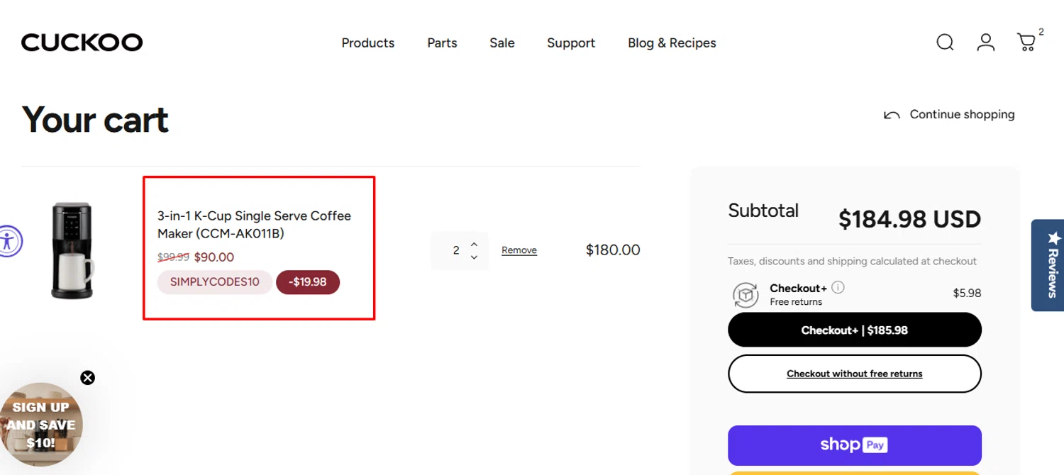 CUCKOO America promo code screenshot showing code SIMPLYCODES10 applied at CUCKOO America checkout page. Uploaded by SimplyCodes community member Swiftdealz on Aug 19, 2025