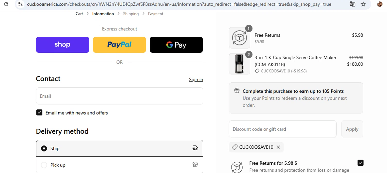 CUCKOO America promo code screenshot showing code CUCKOOSAVE10 applied at CUCKOO America checkout page. Uploaded by SimplyCodes community member javierprez on Sep 10, 2025