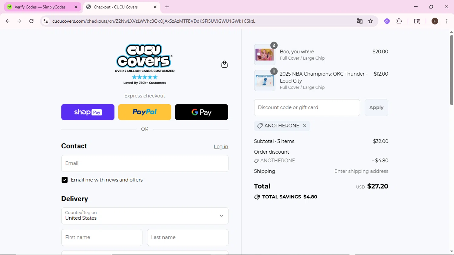 CUCU Covers discount code screenshot showing code ANOTHERONE applied at CUCU Covers checkout page. Uploaded by SimplyCodes community member BargainShopper1802 on Jul 13, 2025