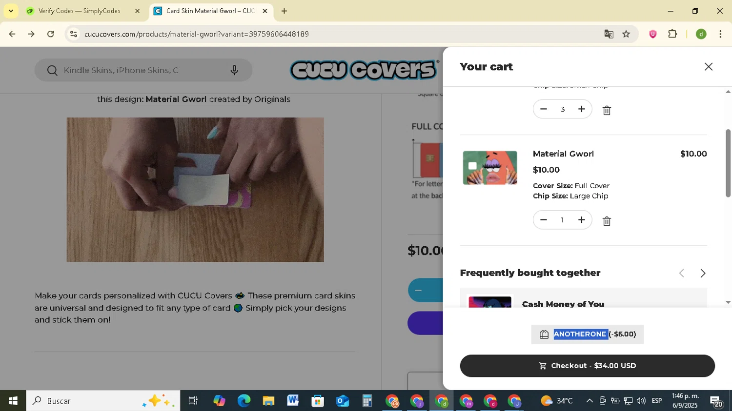 CUCU Covers discount code screenshot showing code ANOTHERONE applied at CUCU Covers checkout page. Uploaded by SimplyCodes community member SavingsSentinel833 on Sep 6, 2025