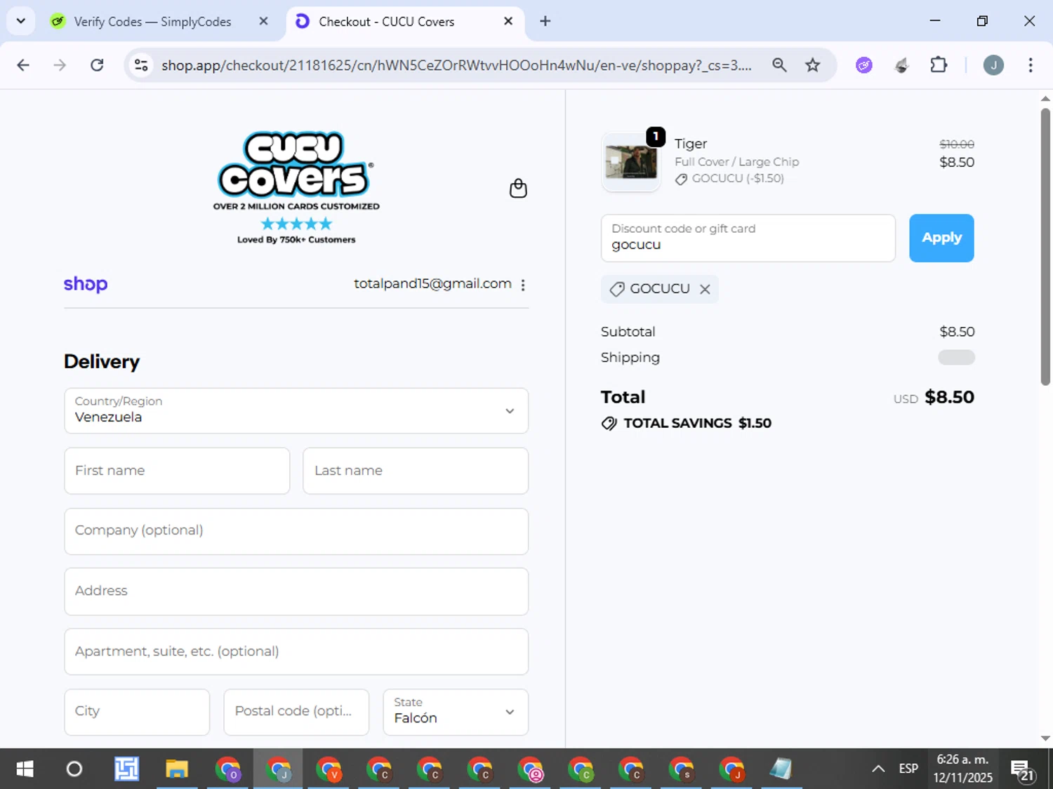 CUCU Covers discount code screenshot showing code gocucu applied at CUCU Covers checkout page. Uploaded by SimplyCodes community member ValueTracker8384 on Nov 12, 2025