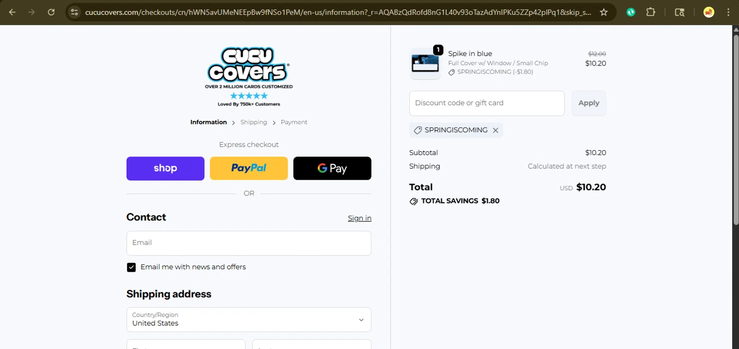 CUCU Covers discount code screenshot showing code springiscoming applied at CUCU Covers checkout page. Uploaded by SimplyCodes community member giselmarstephanny on Nov 22, 2025