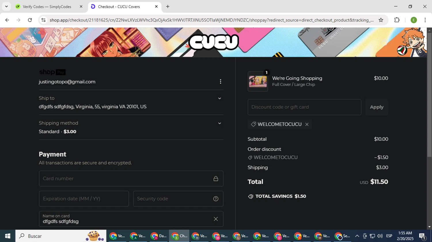 CUCU Covers discount code screenshot showing code WELCOMETOCUCU applied at CUCU Covers checkout page. Uploaded by SimplyCodes community member SUZUKIV on Feb 20, 2025