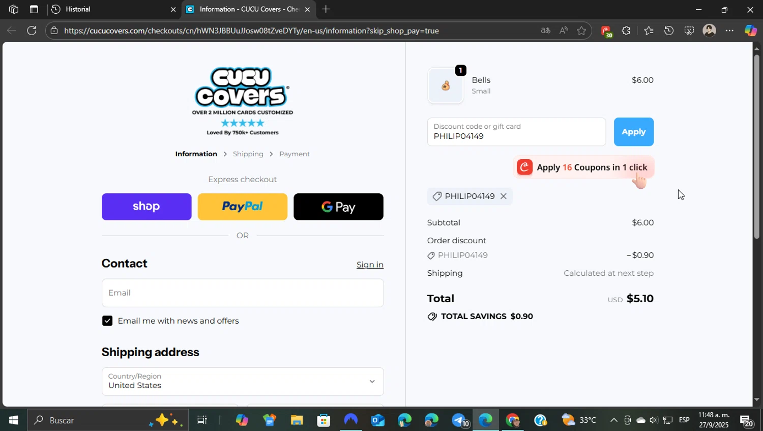 CUCU Covers discount code screenshot showing code PHILIP04149 applied at CUCU Covers checkout page. Uploaded by SimplyCodes community member ShieldEagle9436 on Sep 27, 2025