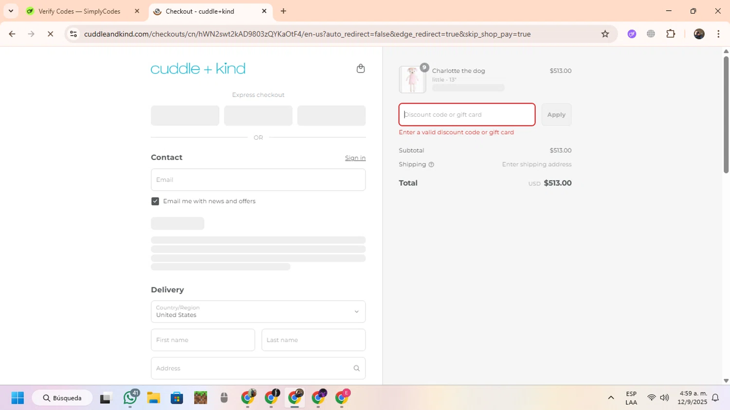 Cuddle+Kind promo code screenshot showing code KIND10 applied at Cuddle+Kind checkout page. Uploaded by SimplyCodes community member CoinScout855 on Sep 12, 2025