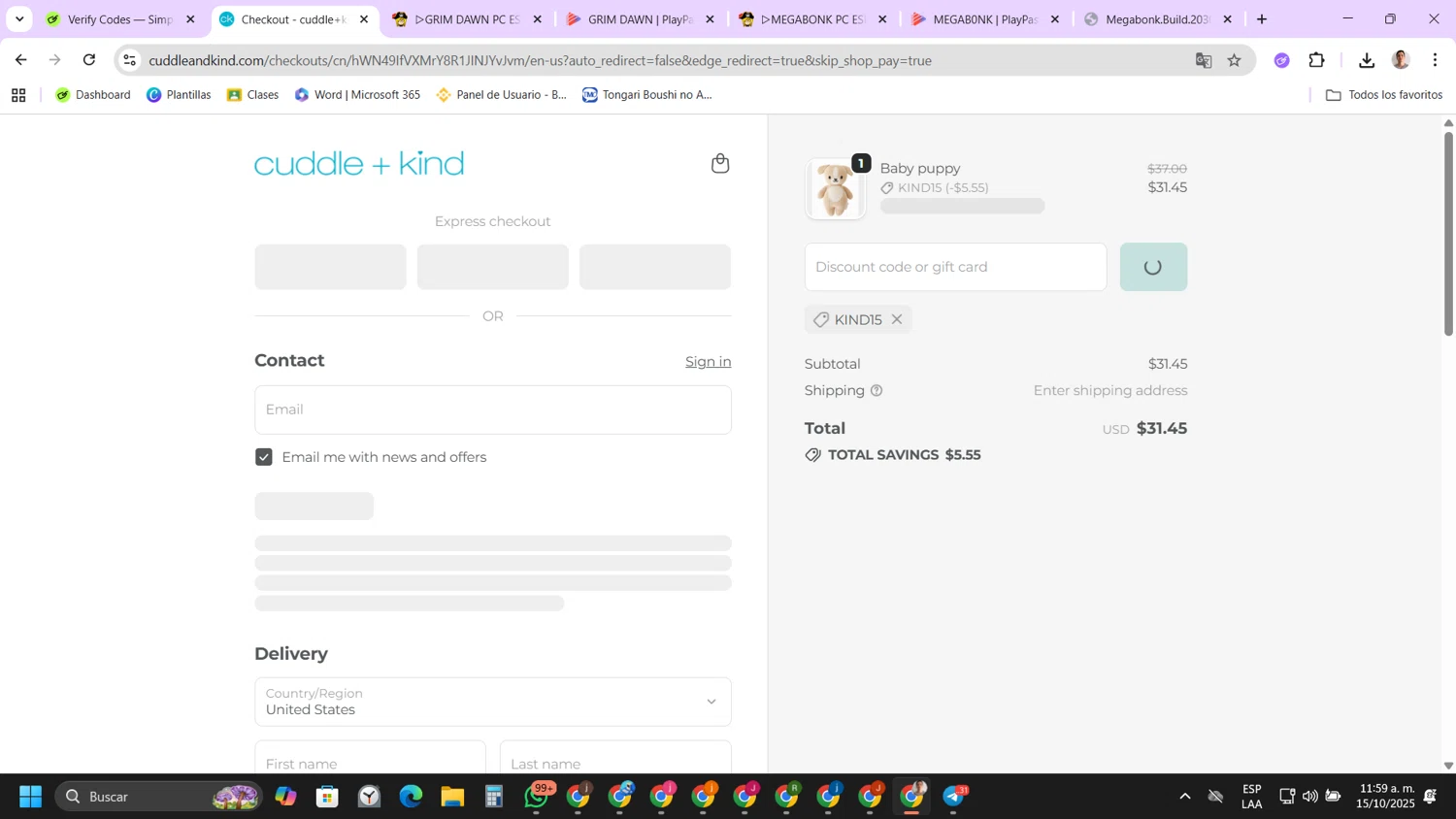 Cuddle+Kind promo code screenshot showing code KIND15 applied at Cuddle+Kind checkout page. Uploaded by SimplyCodes community member FernandoLetex on Oct 15, 2025