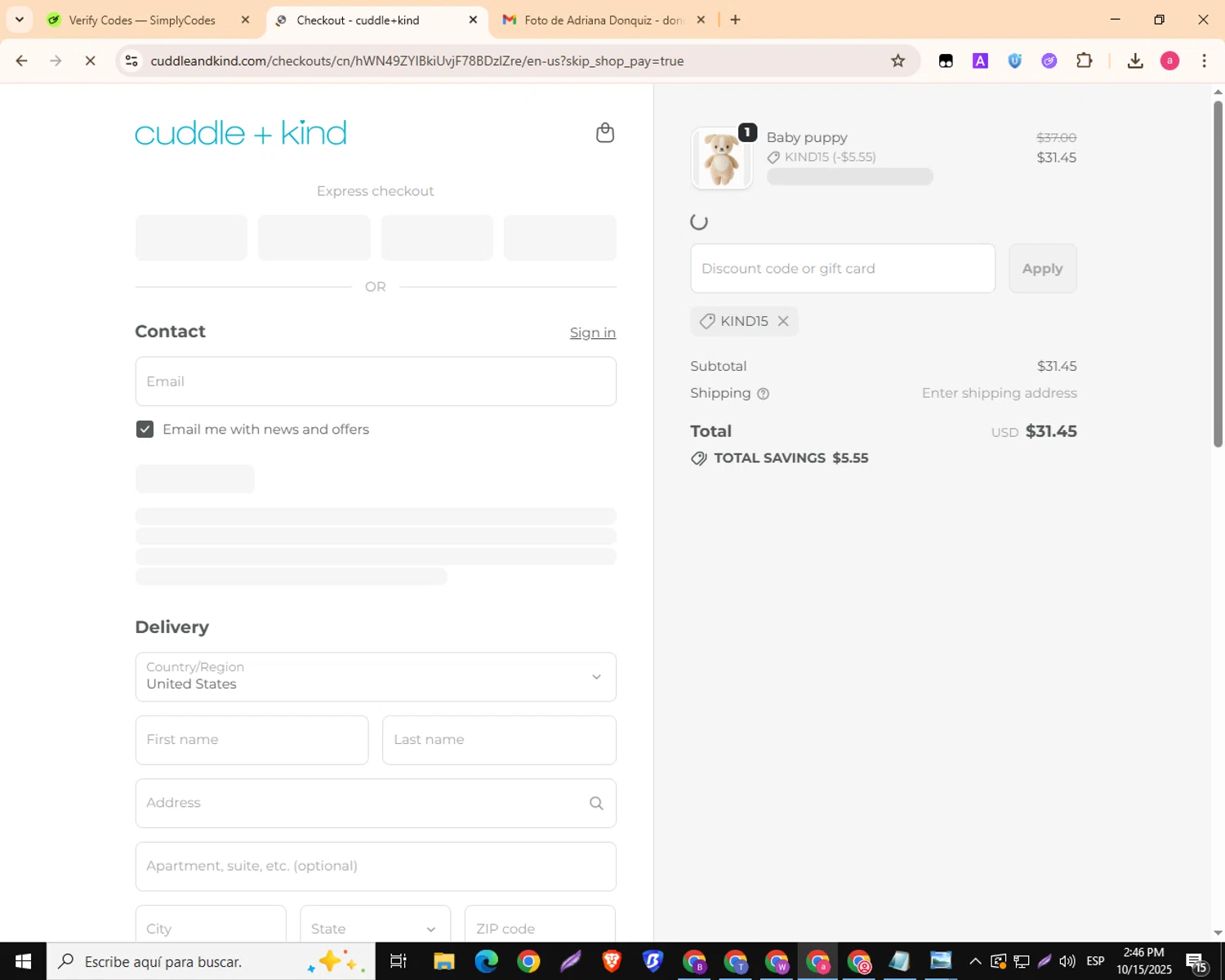 Cuddle+Kind promo code screenshot showing code KIND15 applied at Cuddle+Kind checkout page. Uploaded by SimplyCodes community member MagnificentKnight3359 on Oct 15, 2025