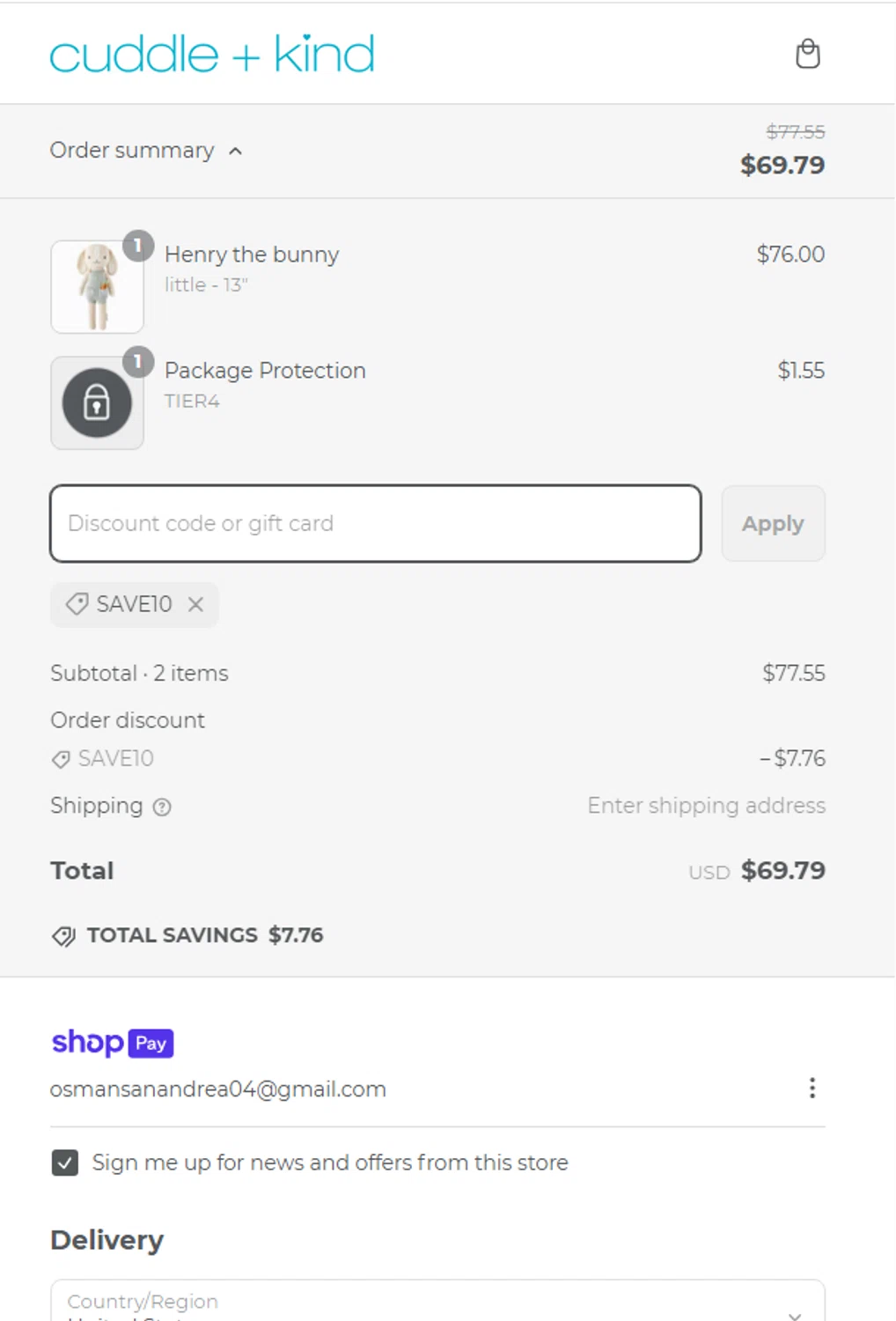 Cuddle+Kind promo code screenshot showing code Save10 applied at Cuddle+Kind checkout page. Uploaded by SimplyCodes community member CashSaver3941 on Mar 10, 2025