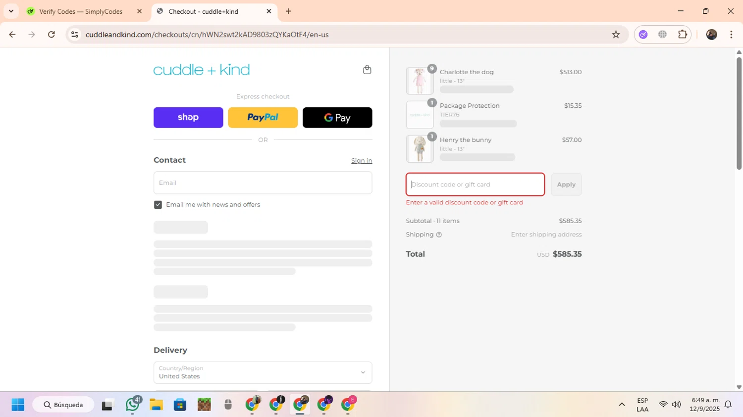 Cuddle+Kind promo code screenshot showing code TC10AC applied at Cuddle+Kind checkout page. Uploaded by SimplyCodes community member CoinScout855 on Sep 12, 2025