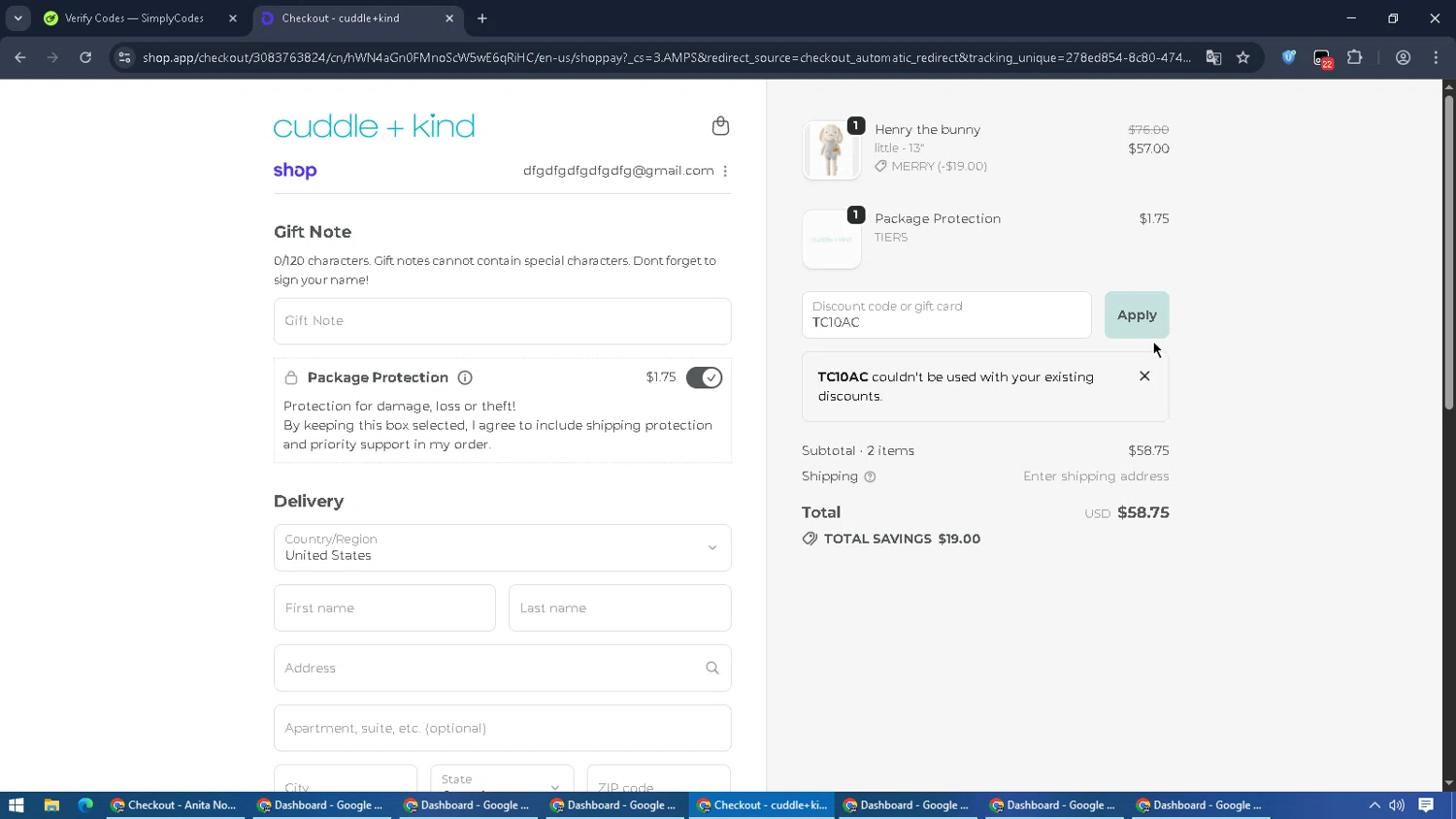 Cuddle+Kind promo code screenshot showing code TC10AC applied at Cuddle+Kind checkout page. Uploaded by SimplyCodes community member MoneyPilot9165 on Oct 27, 2025