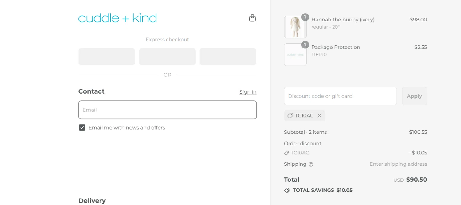 Cuddle+Kind promo code screenshot showing code TC10AC applied at Cuddle+Kind checkout page. Uploaded by SimplyCodes community member ashe1986 on Sep 17, 2025