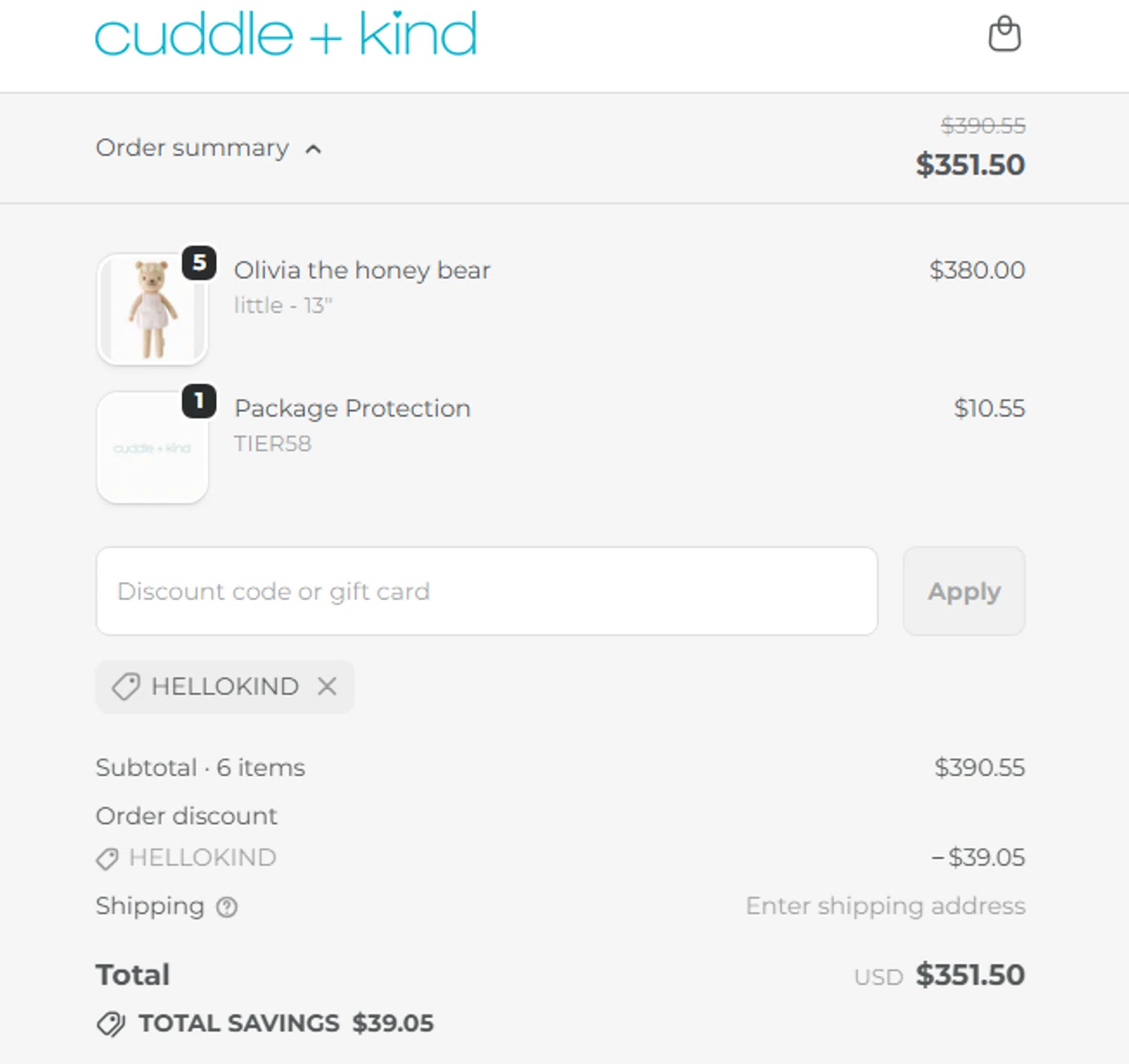 Cuddle+Kind promo code screenshot showing code HELLOKIND applied at Cuddle+Kind checkout page. Uploaded by SimplyCodes community member dadgmnsaegwr234223367igh on Oct 8, 2025