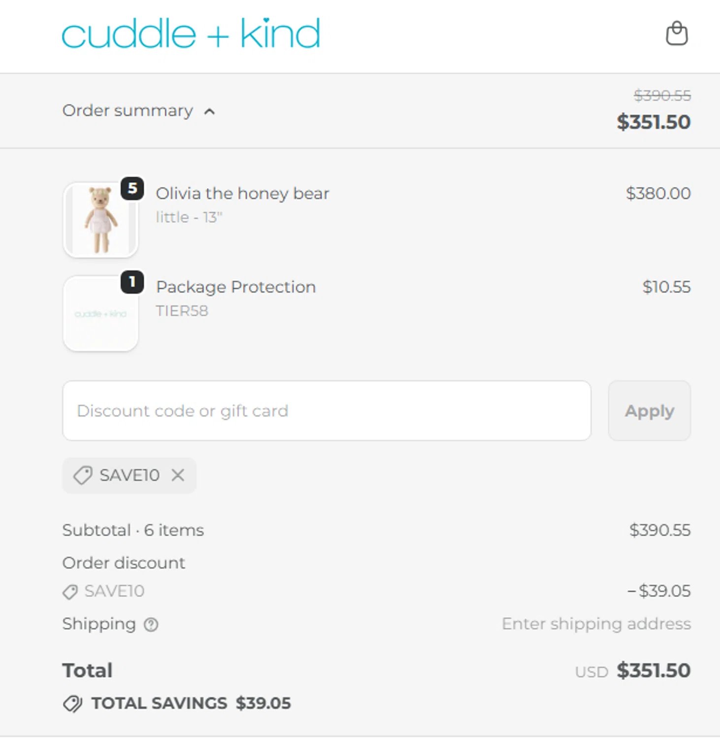 Cuddle+Kind promo code screenshot showing code SAVE10 applied at Cuddle+Kind checkout page. Uploaded by SimplyCodes community member dadgmnsaegwr234223367igh on Oct 8, 2025