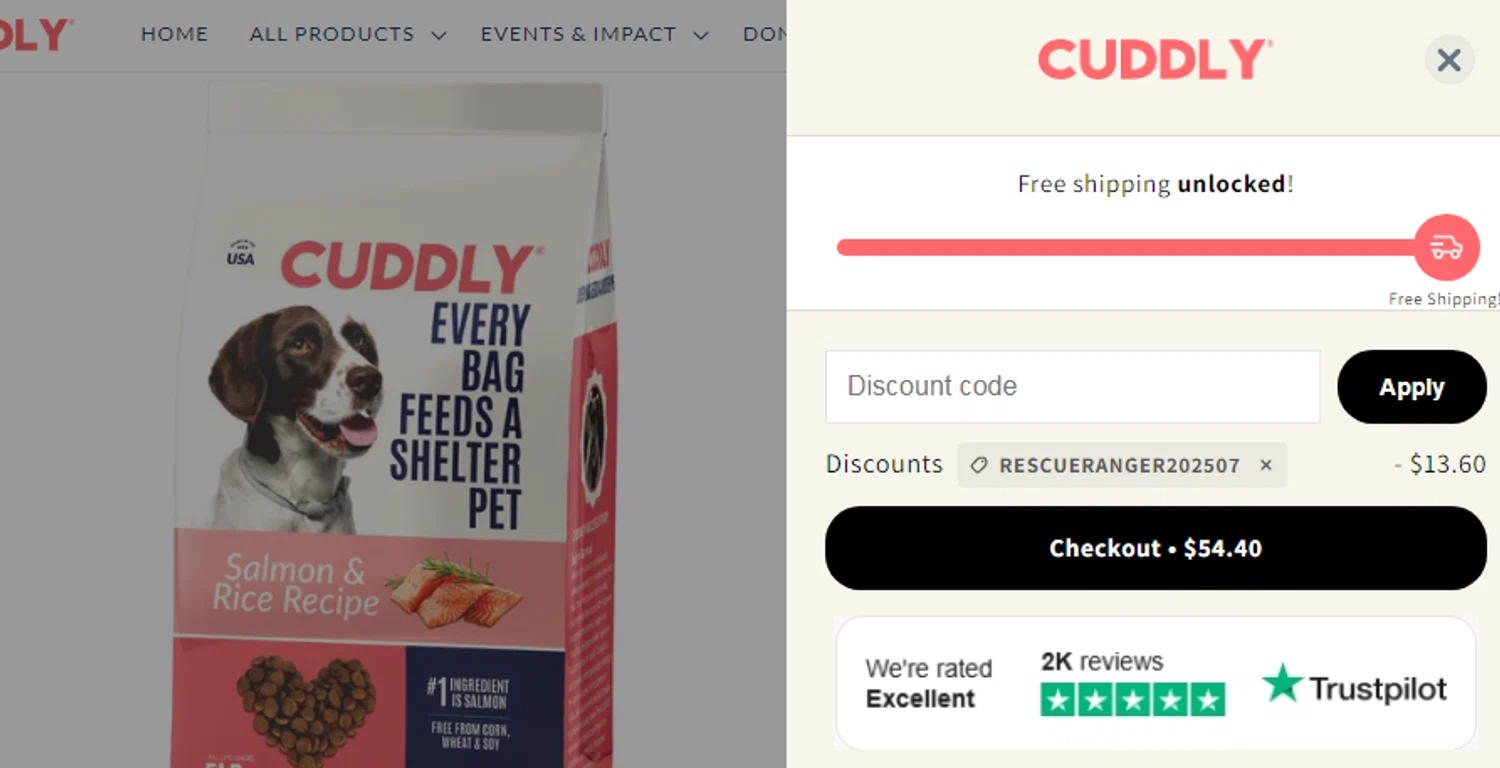 CUDDLY promo code screenshot showing code RESCUERANGER202507 applied at CUDDLY checkout page. Uploaded by SimplyCodes community member Selesbarbera24 on Feb 17, 2026
