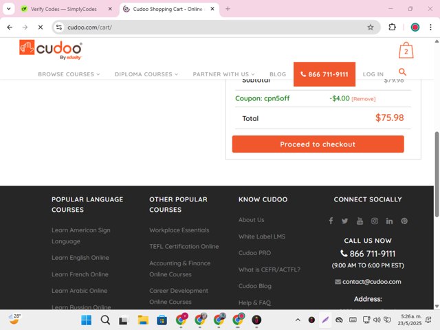 Cudoo checkout page showing Cudoo coupon code box | Screenshot taken by SimplyCodes community member on May 23, 2025