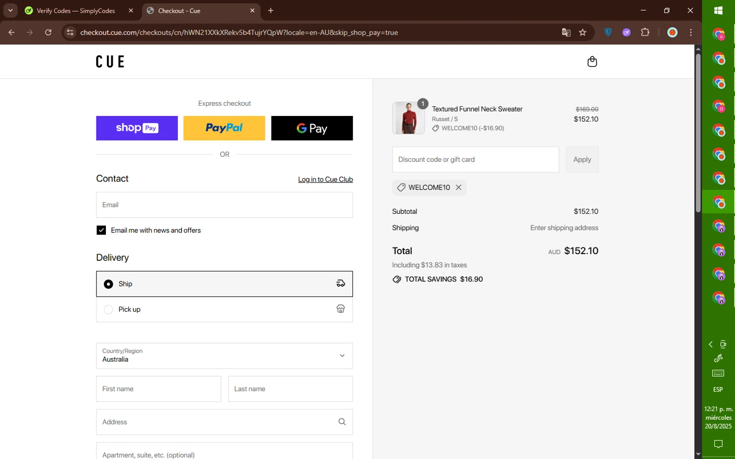 Cue promo code screenshot showing code WELCOME10 applied at Cue checkout page. Uploaded by SimplyCodes community member DealElite4728 on Aug 20, 2025