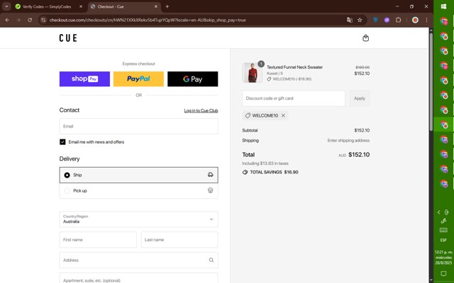 Cue checkout page showing Cue promo code box | Screenshot taken by SimplyCodes community member on Aug 20, 2025
