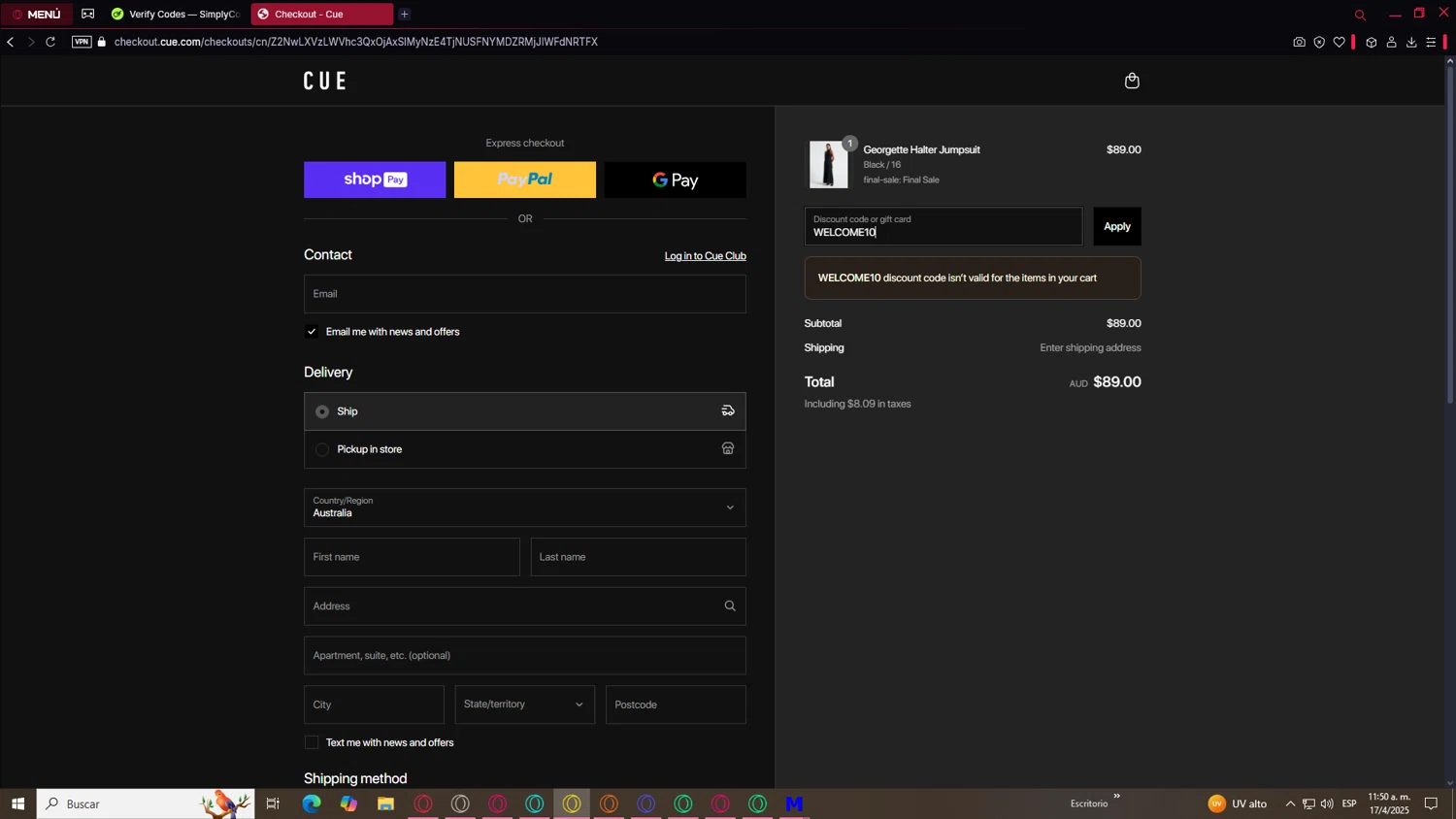 Cue promo code screenshot showing code WELCOME10 applied at Cue checkout page. Uploaded by SimplyCodes community member MightySentinel3018 on Apr 17, 2025